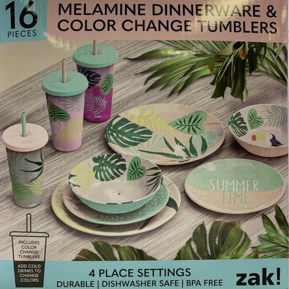 Zak Designs 16-Piece Color-Changing Tumbler Melamine Plate Bowl Dinnerware Set
